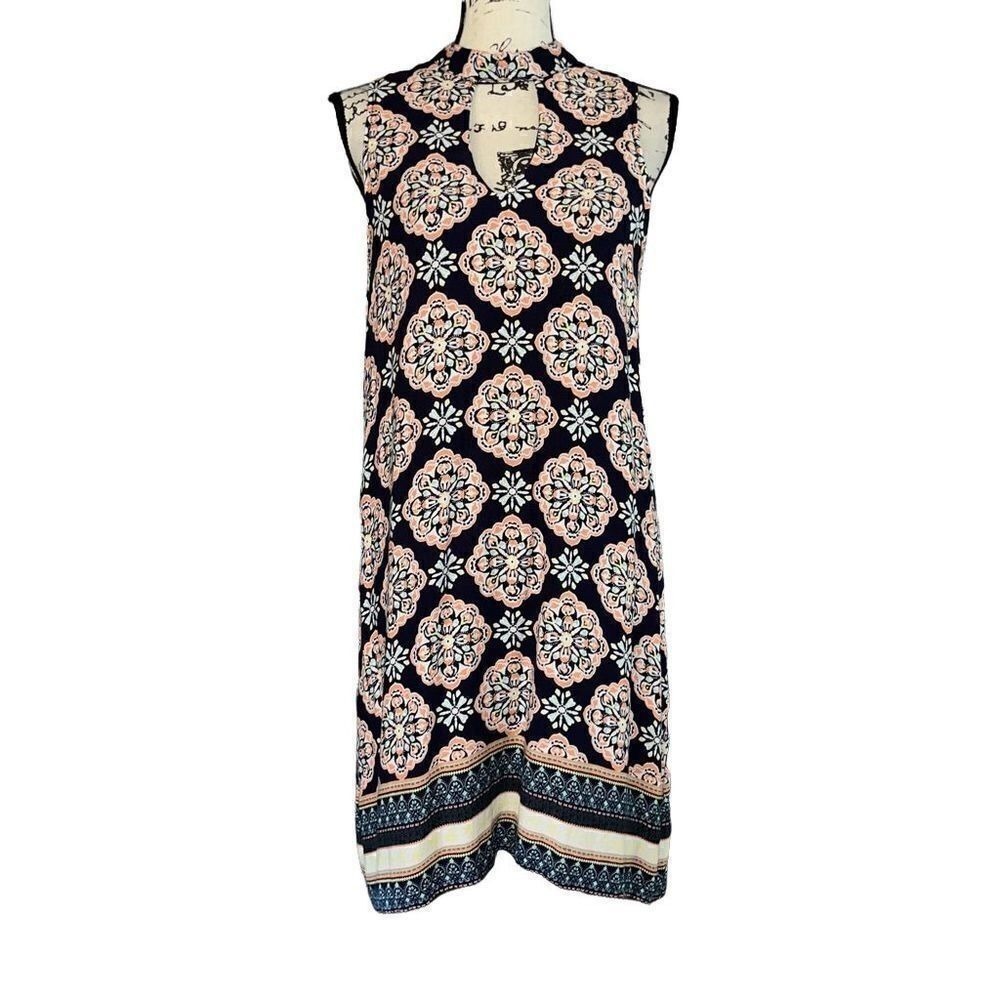 Sequin Hearts Navy Blue Coral Medallion Keyhole Mock Neck Shift Dress XL